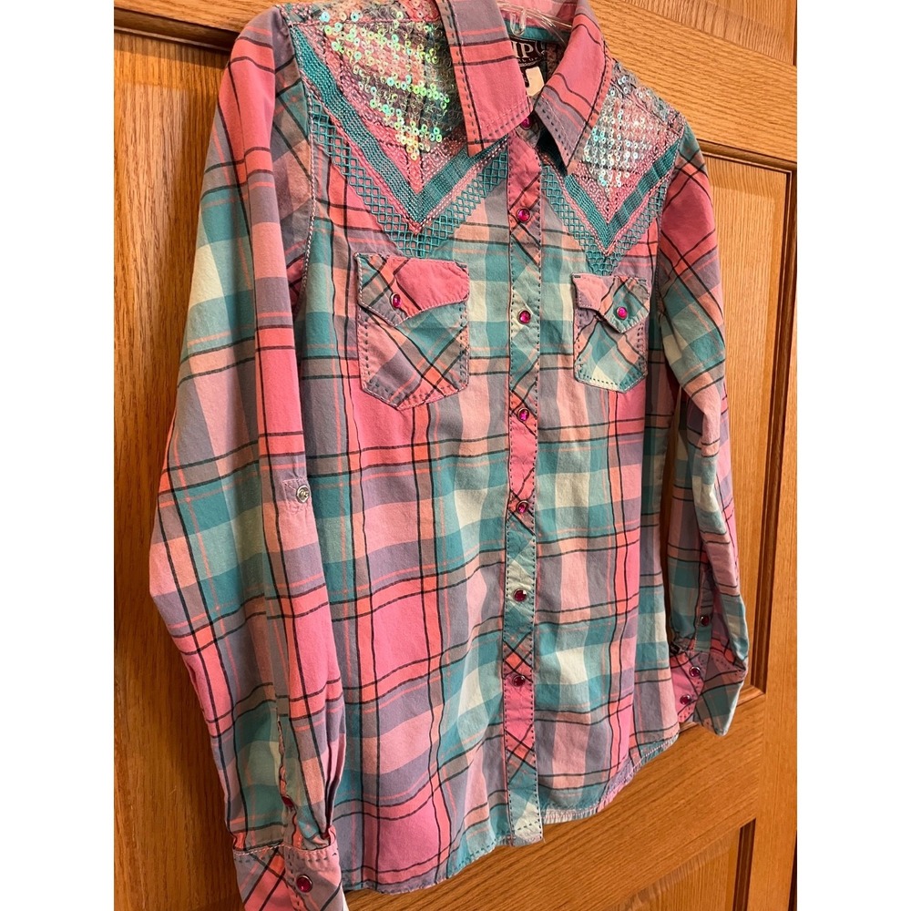 Cowgirl Up Pink Plaid Sequin Snap Shirt Womens Small Western Rodeo - Picture 3 of 12